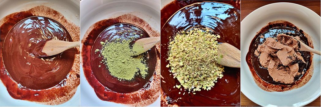 1. Chocolate and butter melted together. 2. Add matcha powder. 3. Add pistachios. 4. Add chestnut paste.