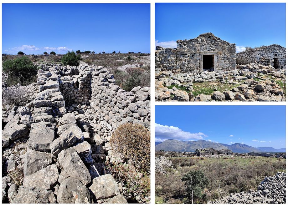 The ancient Greek temple ruins (left) are close to the churches of Agios Georgios and Agioi Theodoroi (right).