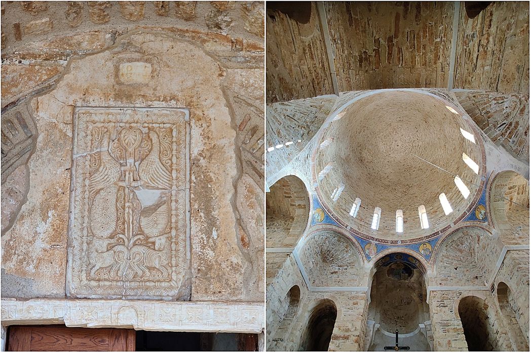 The Church of Agia Sophia in the Upper Town. The marble relief above the main entrance (left) and the dome (right).