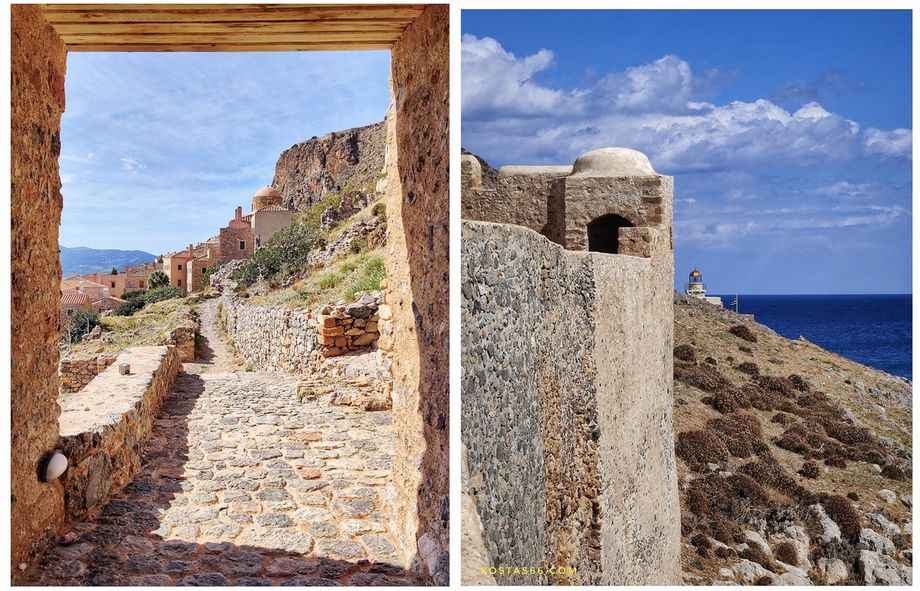 The East Gate to the Lower Town and the Monemvasia Lighthouse seen from the south fortification walls.
