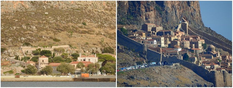 Lazareto hotel (left) and the main entrance to the fortified town of Monemvasia (right).