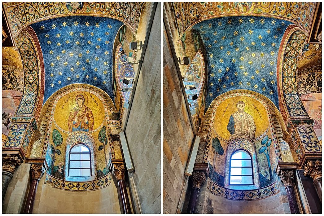 Inside the original (Byzantine) part of Santa Maria dell'Ammiraglio. The spectacular interior is dominated by a series of 12th-century mosaics executed by Byzantine craftsmen. Here we see Virgin Mary's parents: Sant' Anna (left) and Santa Ioakeim (right).