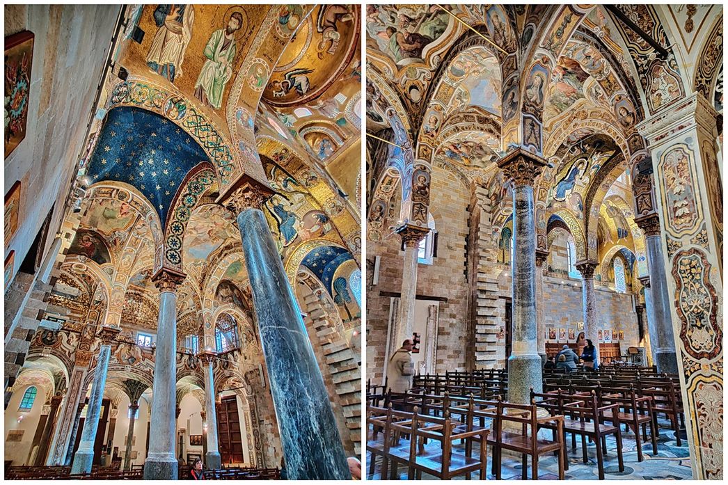 Inside the original (Byzantine) part of Santa Maria dell'Ammiraglio. The church is renowned for its spectacular interior, dominated by a series of 12th-century mosaics executed by Byzantine craftsmen.