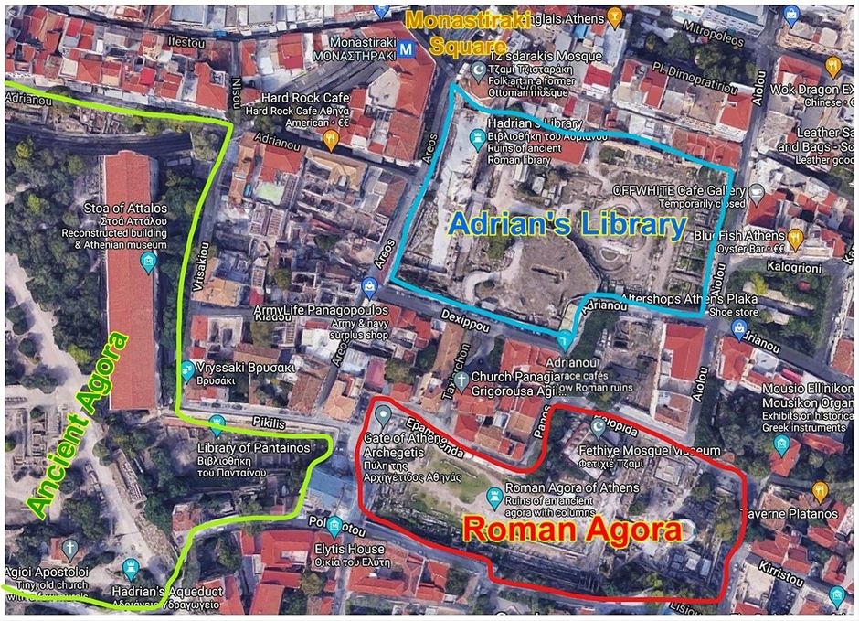 The vicinity of Roman Agora (red bordered). The Hadrian's Library (blue bordered) to the north and the Ancient Agora (green bordered to the west).