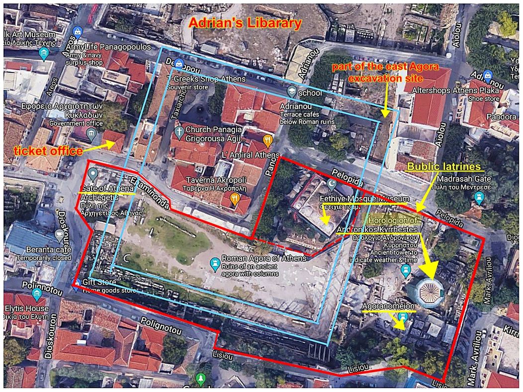 The Roman Agora archaeological site (red line).  The blue rectangular shows the limits of the original colonnade of the Agora.