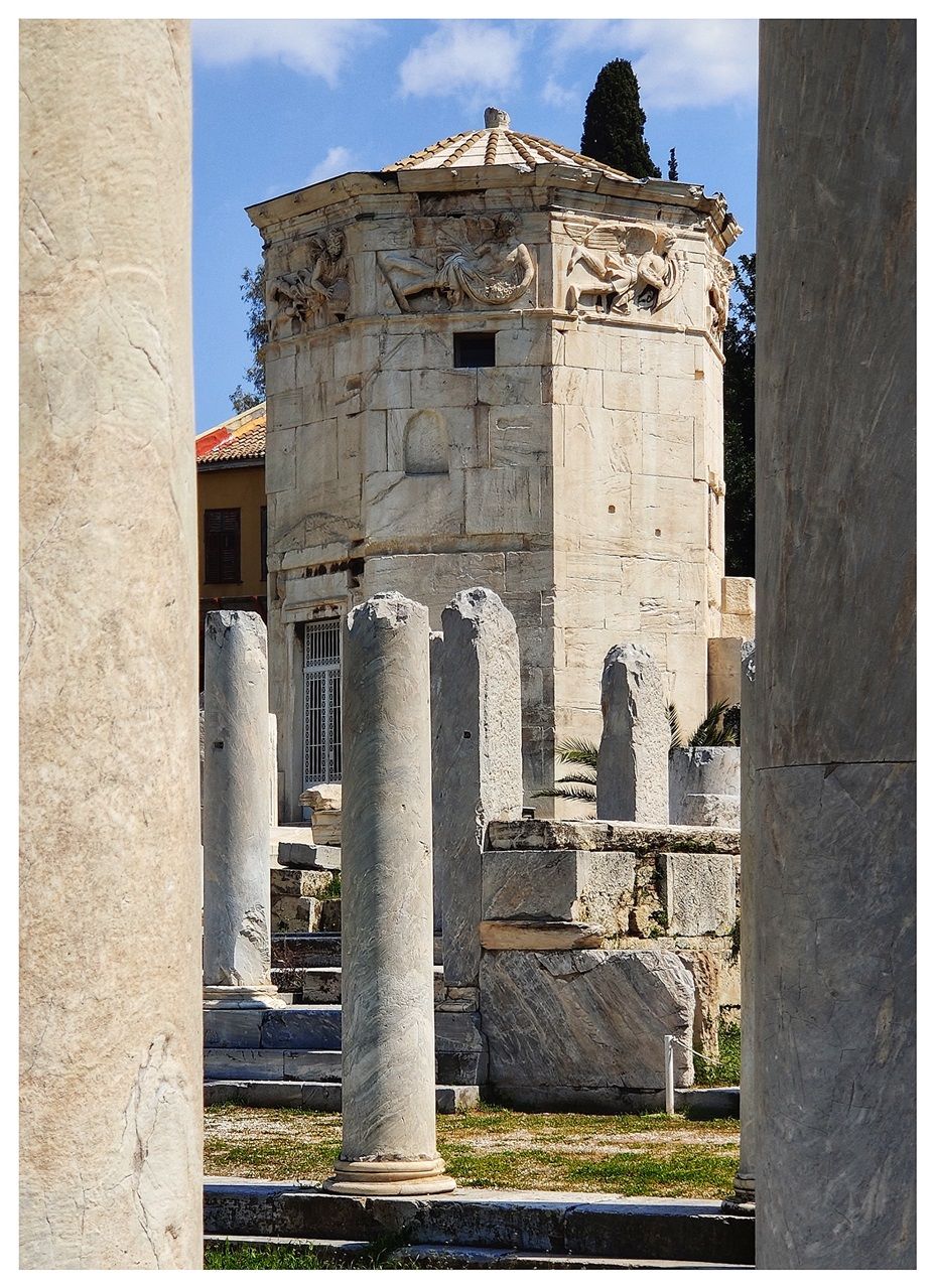 The Tower of the Winds seen through the western colonnade of the Agora.
