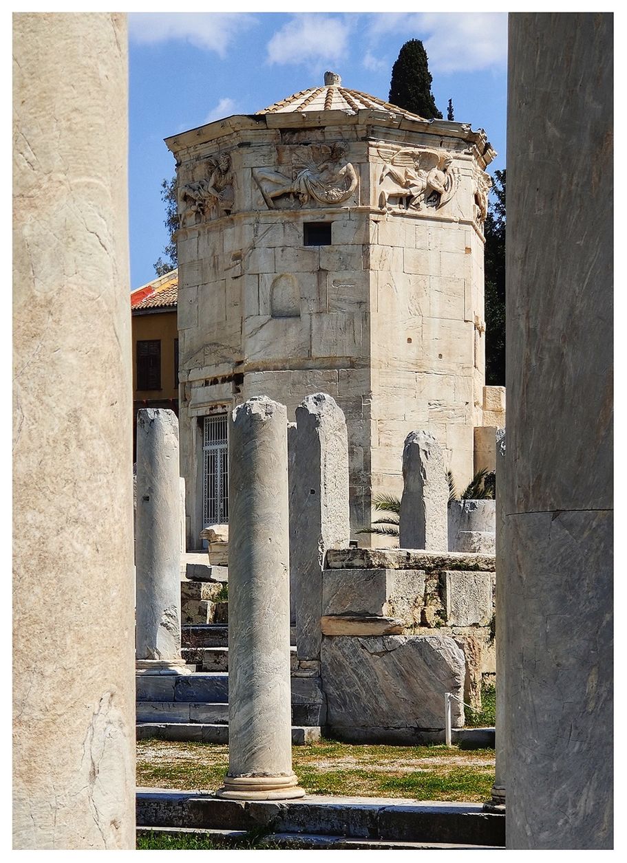 The Tower of the Winds seen through the western colonnade of the Agora.