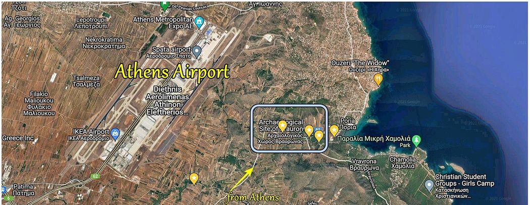Map of East Attica including the Athens International airport and the Vravrona Archaeological Site.