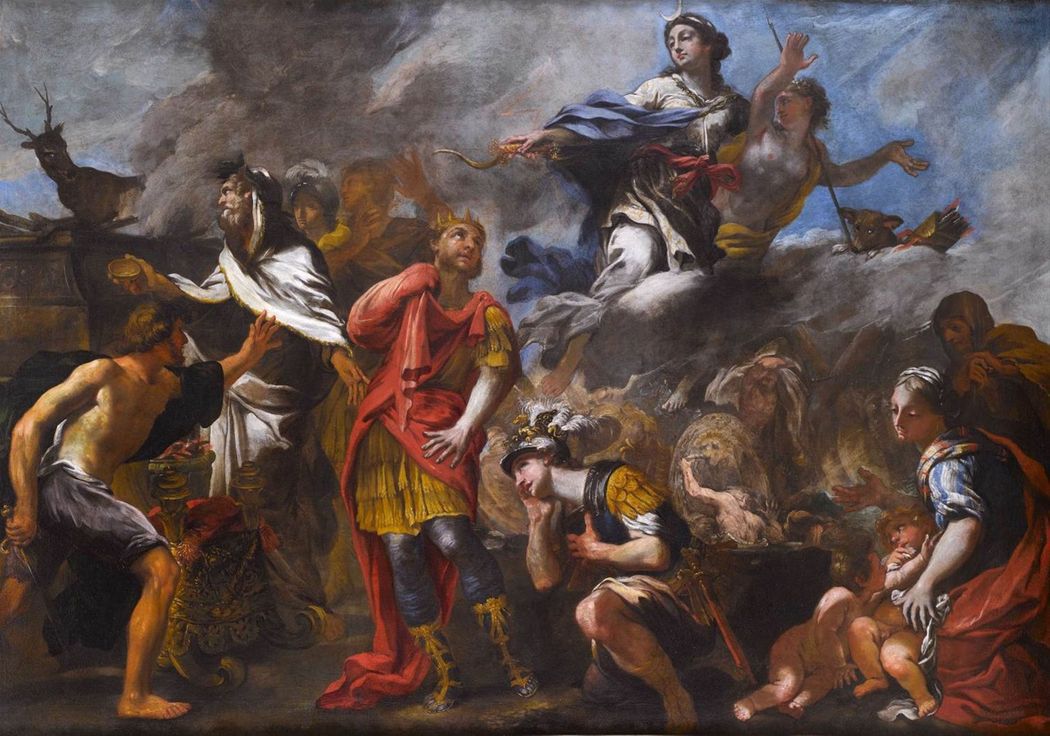 In this painting Giovanni Andrea Carlone captures in detail the point at which Agamemnon had intended to sacrifice his daughter Iphigenia to the goddess Artemis. The goddess obscures the scene with cloud and snatches her from the sacrificial altar leaving in her place a deer.