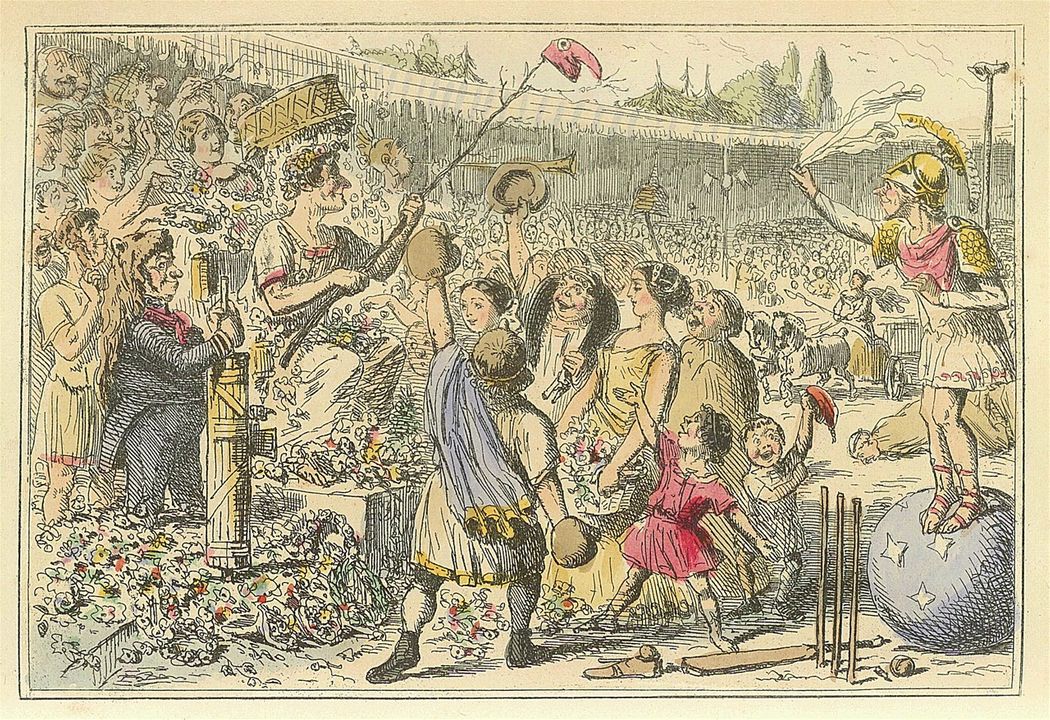 Image by John Leech, from: The Comic History of Rome by Gilbert Abbott A Beckett. Bradbury, Evans & Co, London, 1850s Flaminius restoring Liberty to Greece at the Isthmian Games.